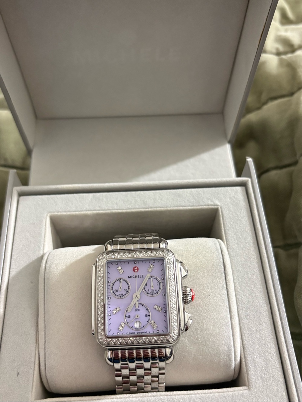 Michele Silver Watch with Lavender Dial and Crystal Bezel. Used, no wear, no box - Picture 3 of 5